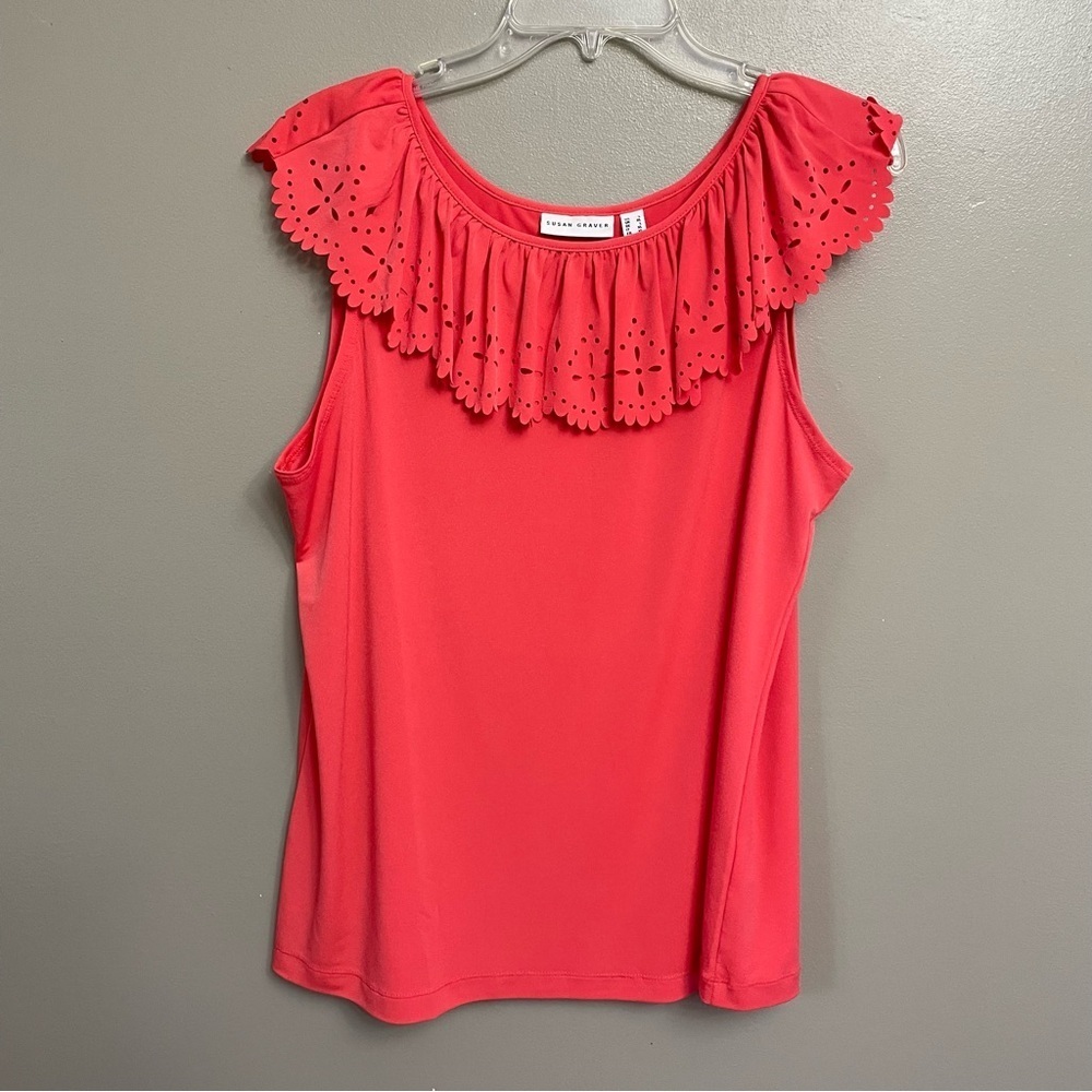 Susan Graver women’s size large Liquid Knit Top with Laser Cut Ruffle Coral Reef - Picture 2 of 9